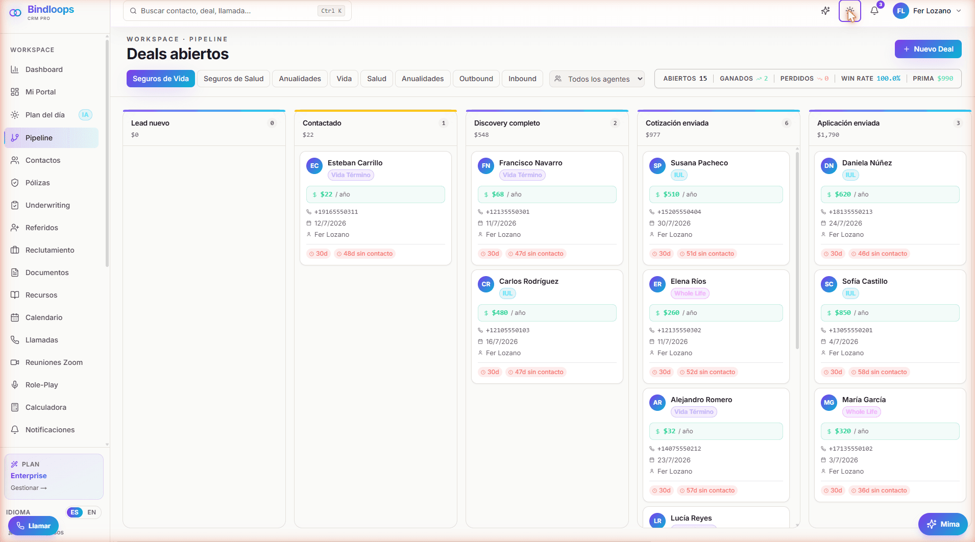 Pipeline real de Bindloops con datos de demostración